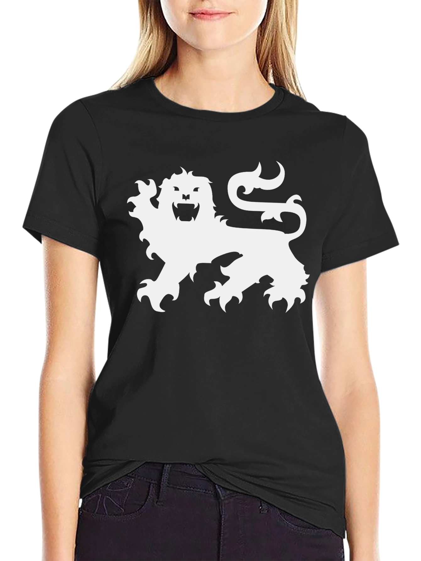 Black T-Shirt with White Lion Graphic