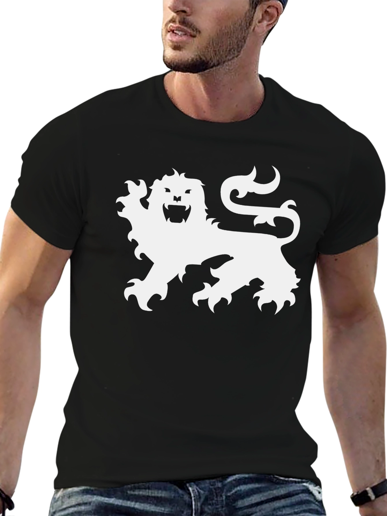 Black T-Shirt with White Lion Graphic