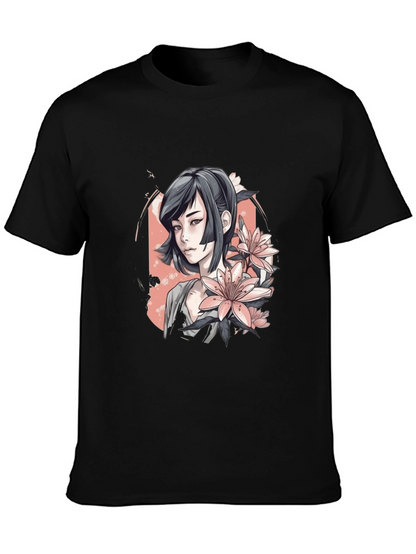 Anime Girl & Floral T-Shirt - Black