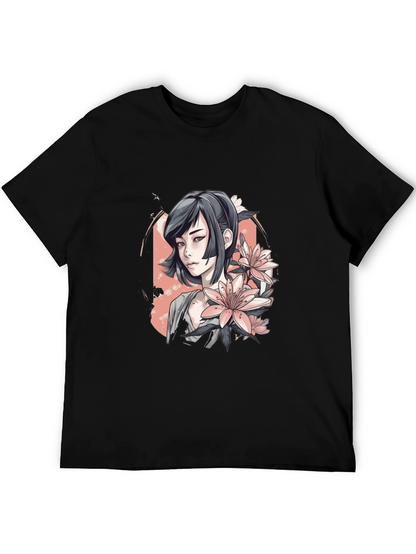 Anime Girl & Floral T-Shirt - Black