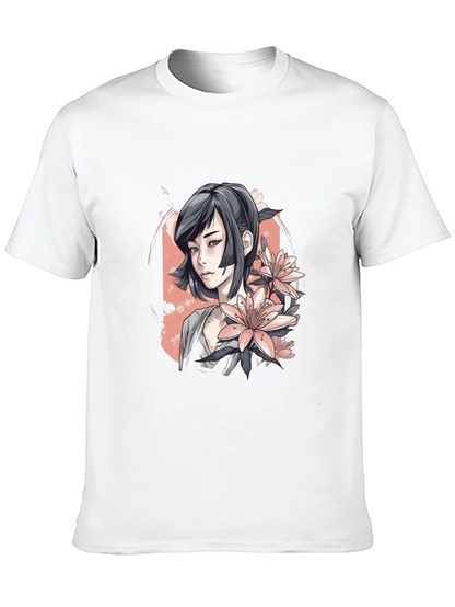 Anime Girl & Floral T-Shirt - Black