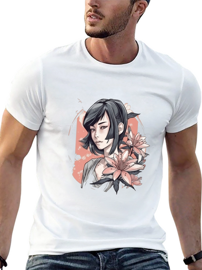 Anime Girl & Floral T-Shirt - Black