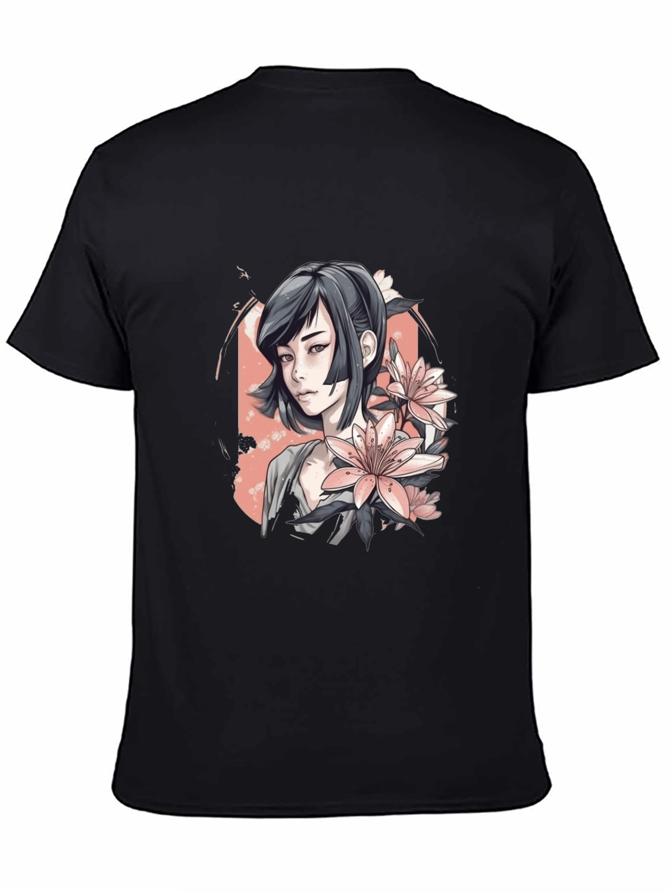 Anime Girl & Floral T-Shirt - Black