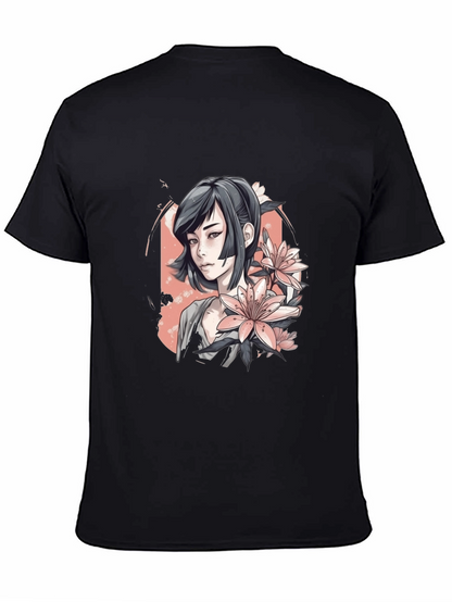 Anime Girl & Floral T-Shirt - Black
