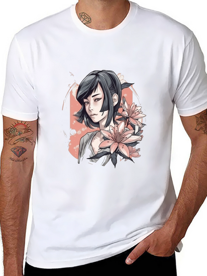 Anime Girl & Floral T-Shirt - Black