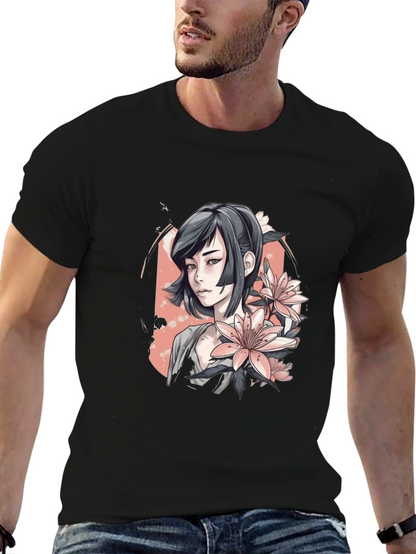 Anime Girl & Floral T-Shirt - Black