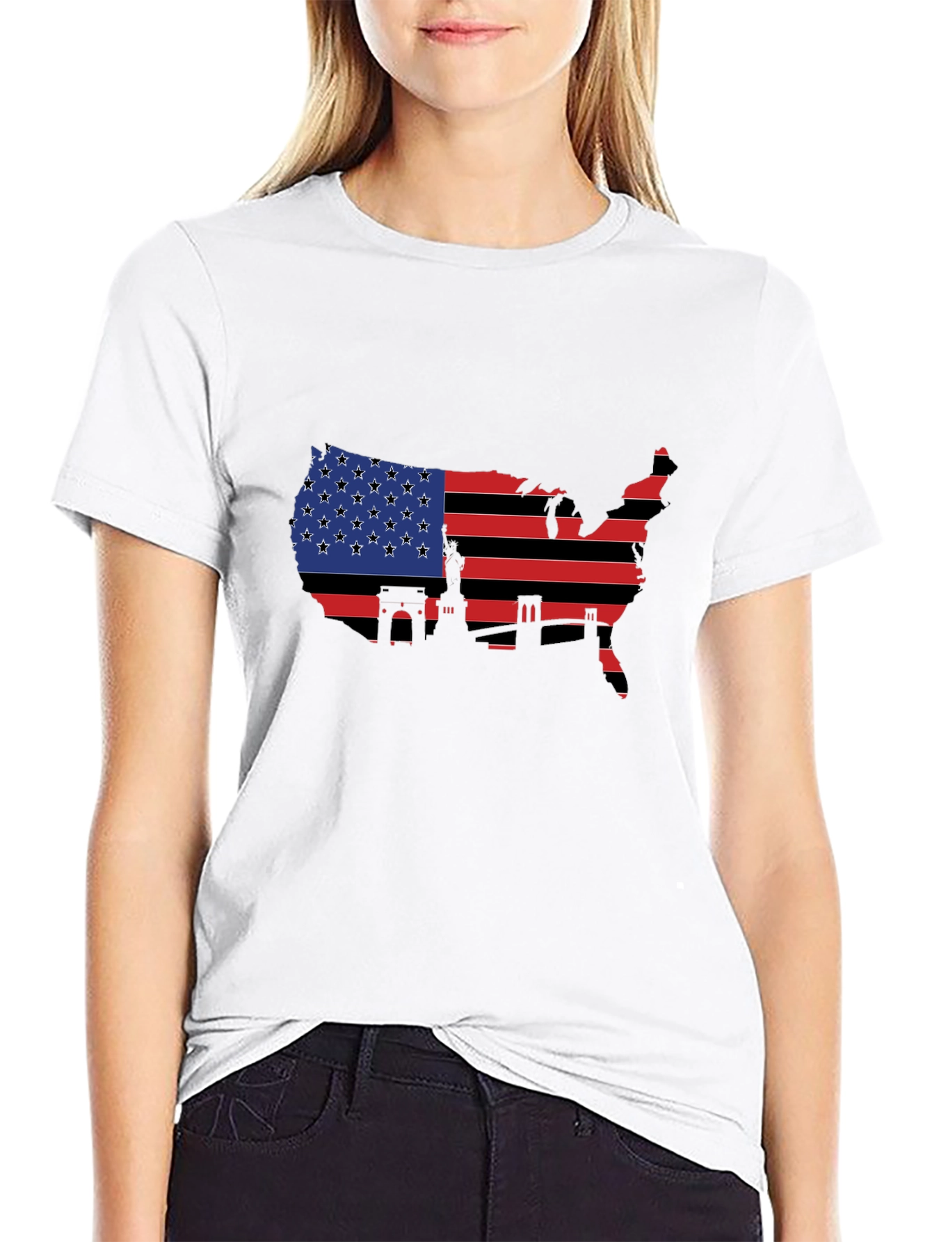 USA Flag Map T-Shirt - Patriotic Landmarks
