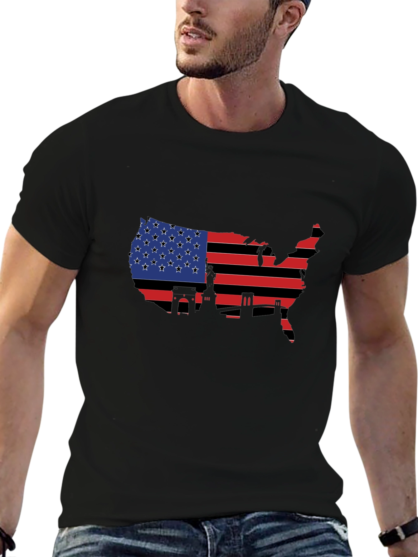 USA Flag Map T-Shirt - Patriotic Landmarks
