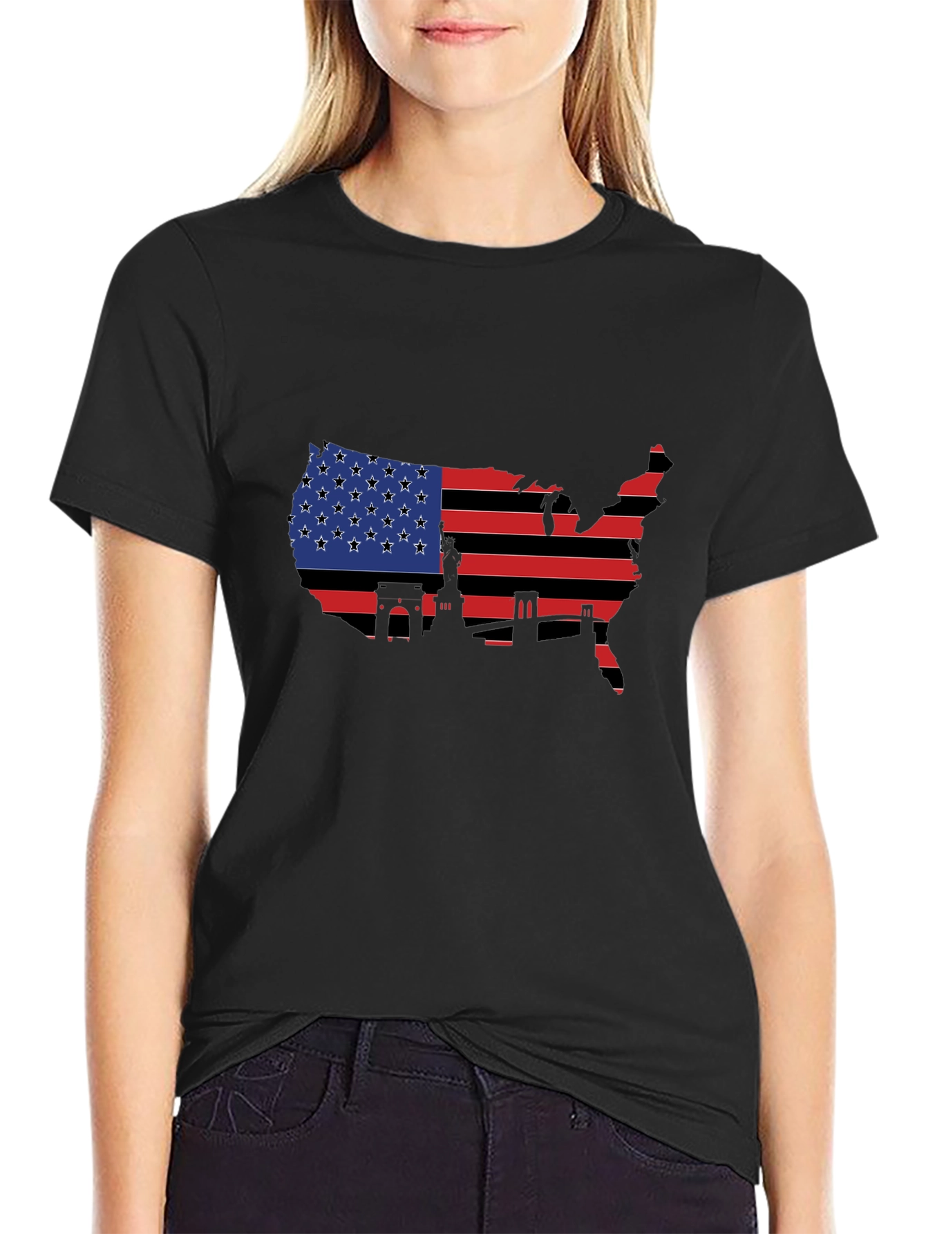 USA Flag Map T-Shirt - Patriotic Landmarks