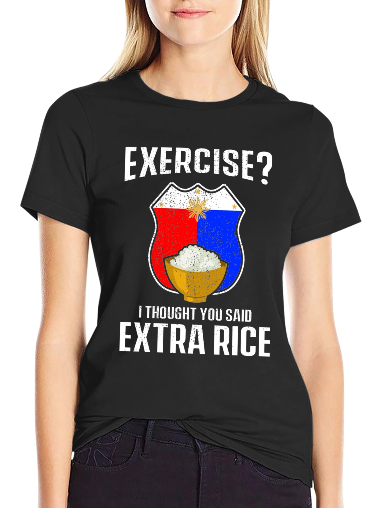Exercise? Extra Rice Black Graphic T-Shirt