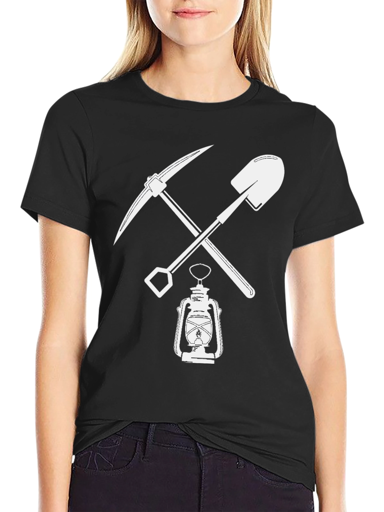Miners Pickaxe & Shovel Lantern Black T-Shirt