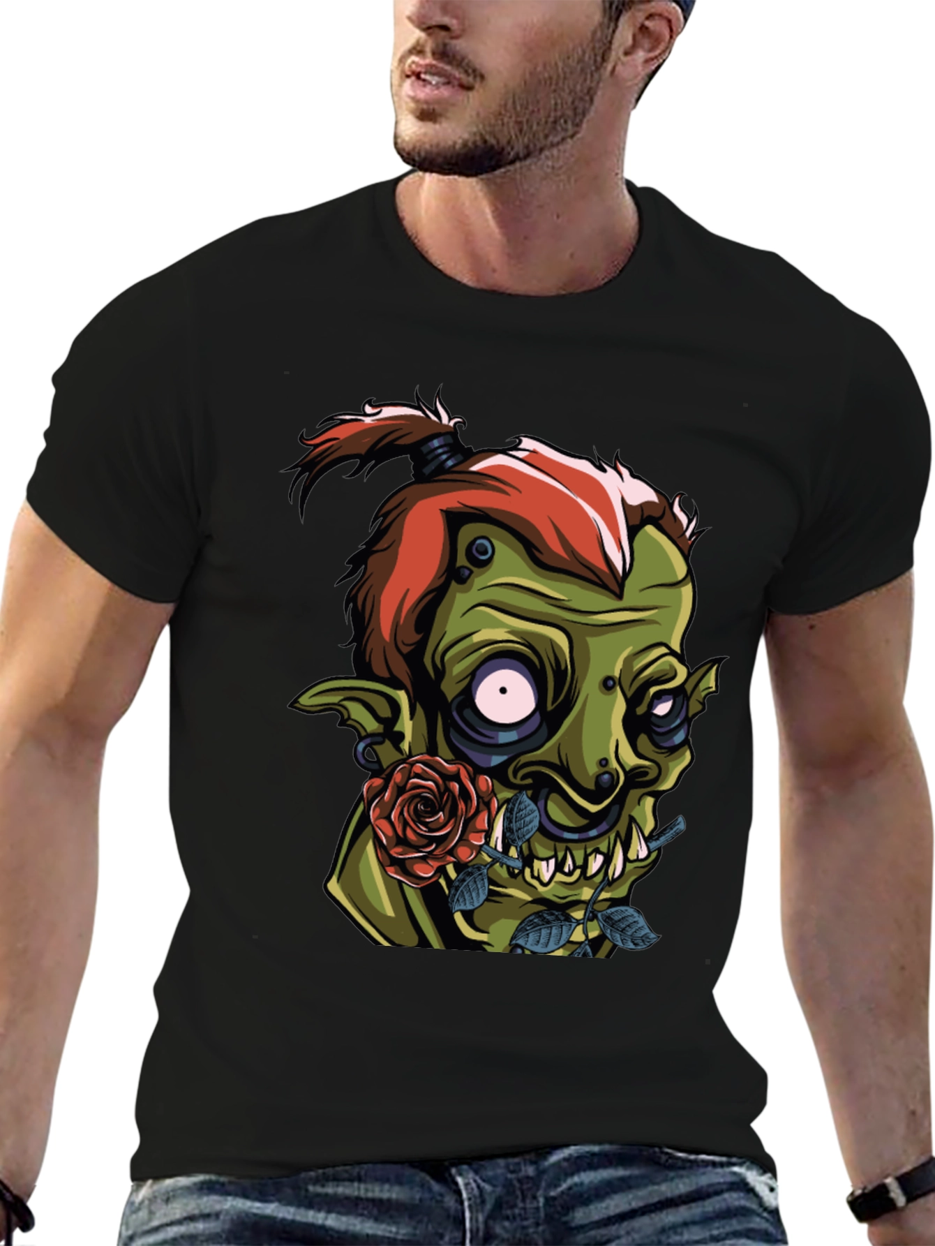 Mens Black T-Shirt - Goblin and Rose Design