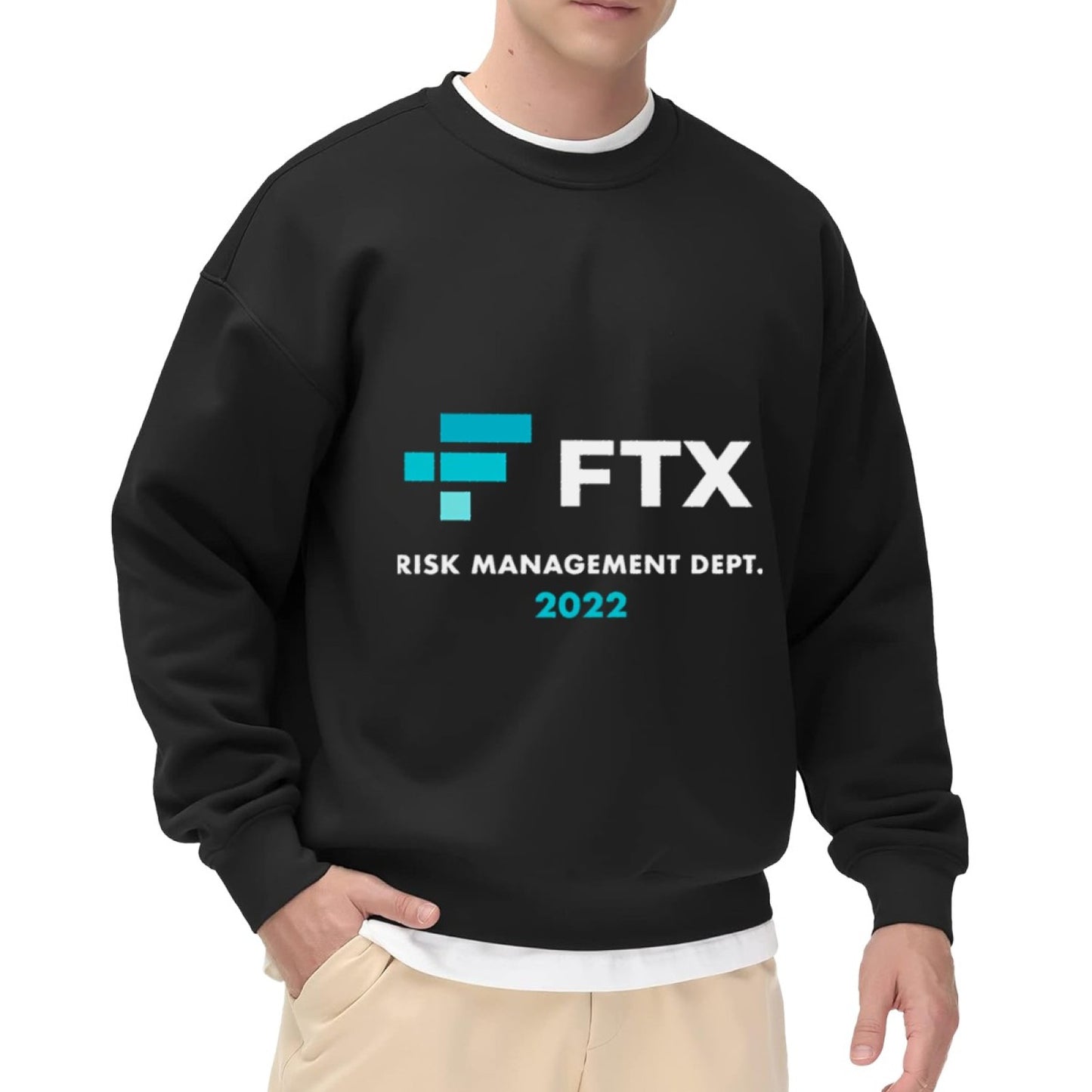 Crewneck Sweatshirt with FTX "We Are Managing Risk" 2025 Graphic - Casual Oversized Long-Sleeve Pullover, Statement Top for Men