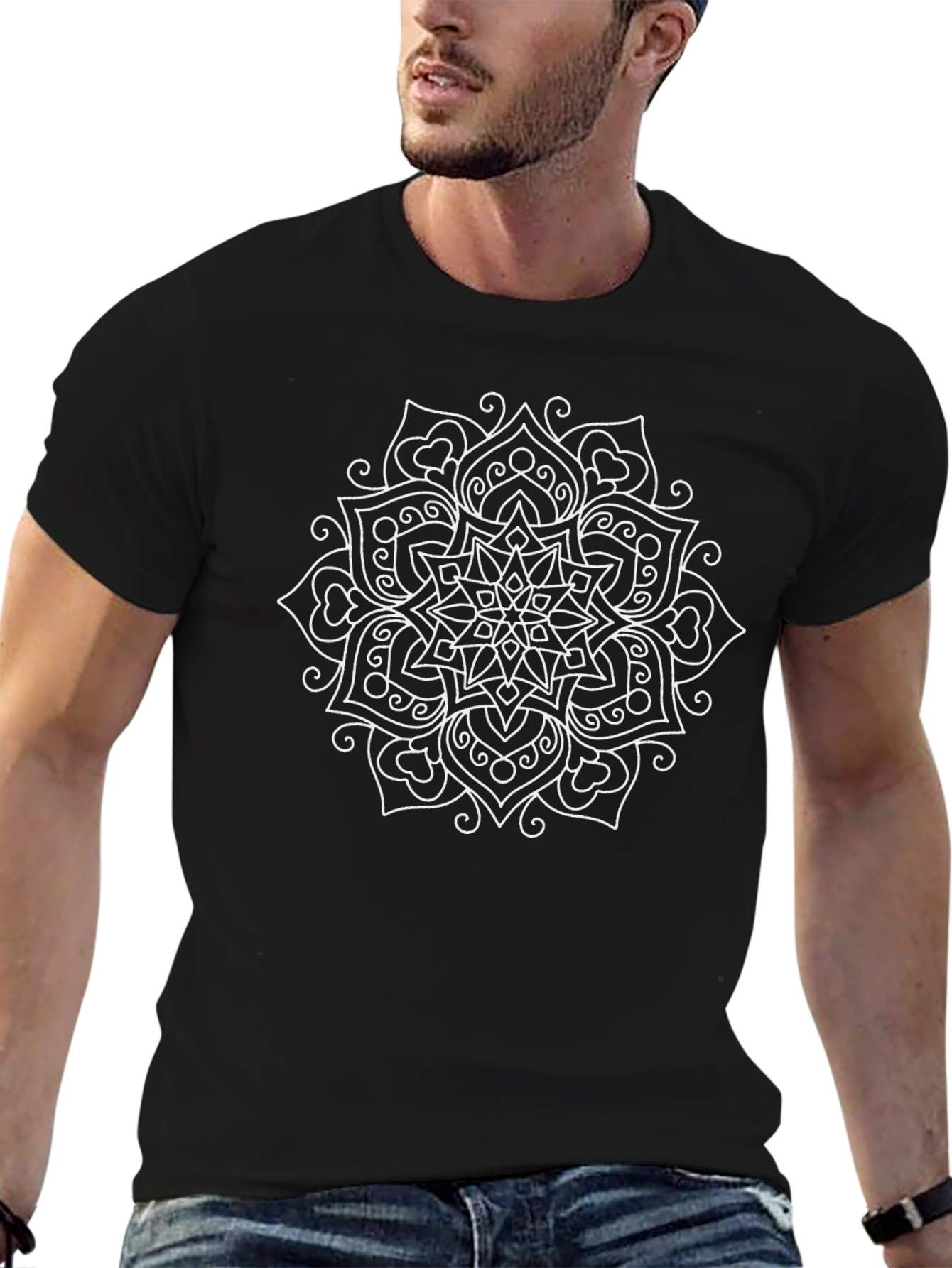 Black Tee with White Mandala Design
