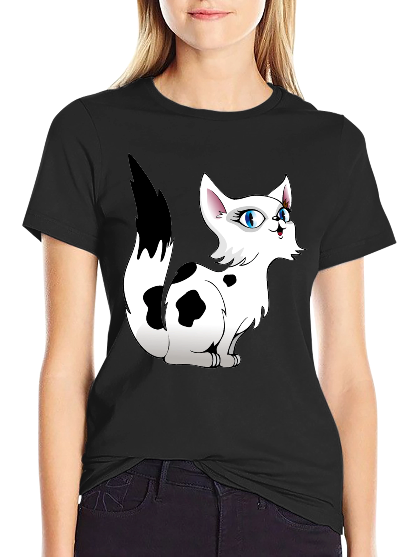 Cartoon Cat Graphic Tee - Black T-Shirt