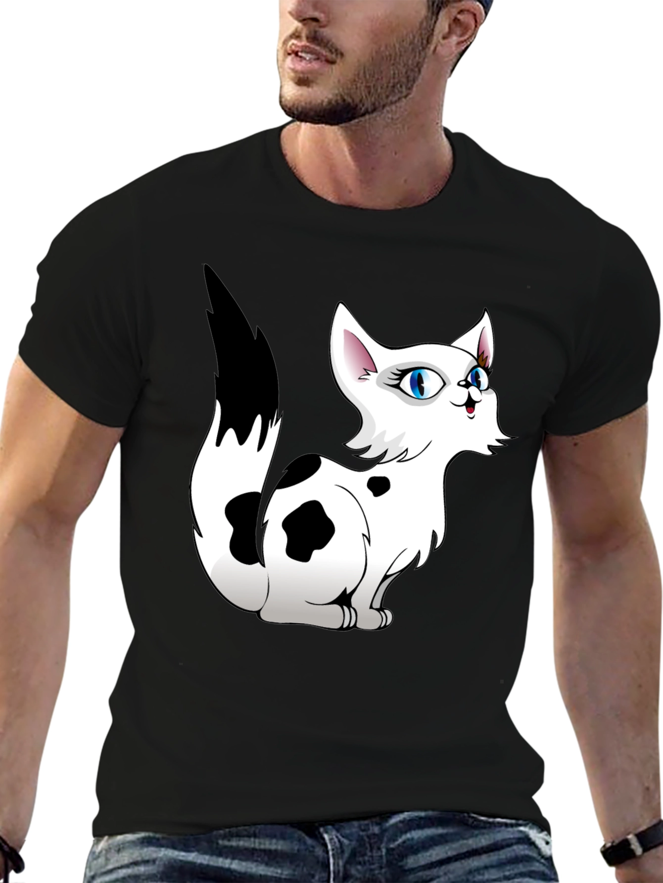 Cartoon Cat Graphic Tee - Black T-Shirt
