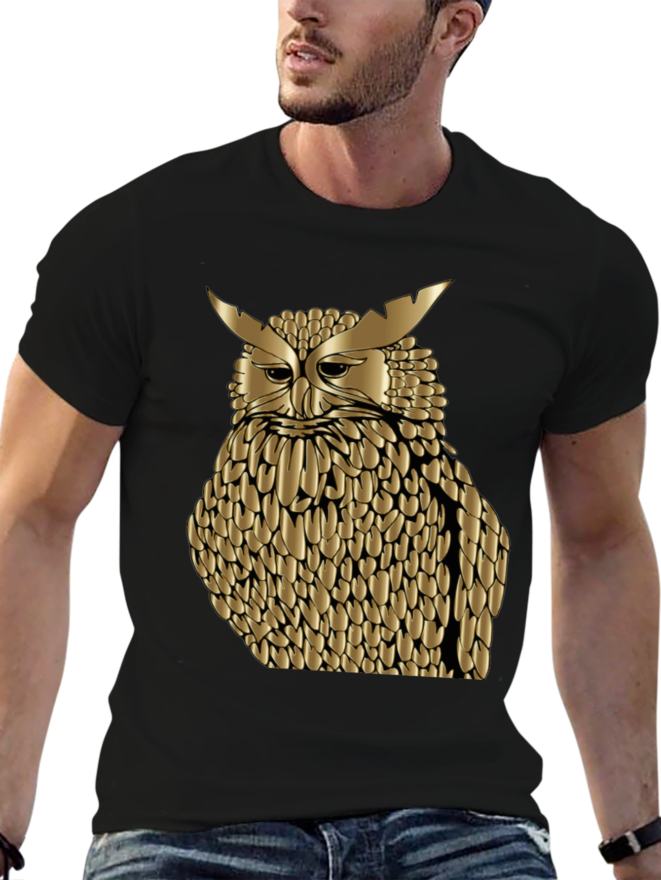 Golden Owl Graphic Tee - Black Cotton Blend Shirt
