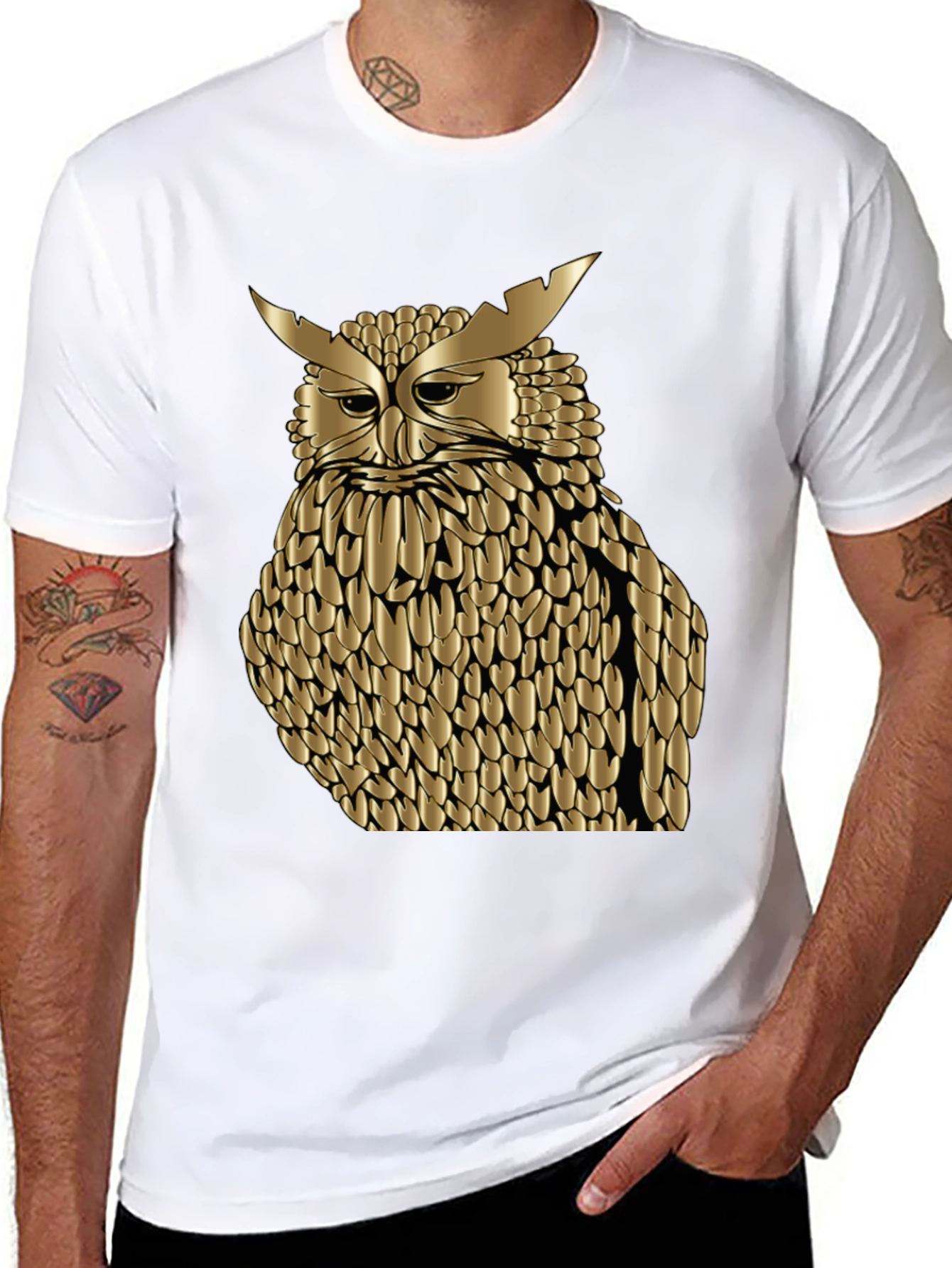 Golden Owl Graphic Tee - Black Cotton Blend Shirt
