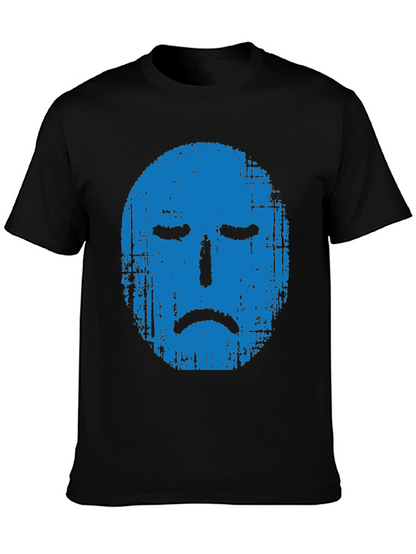 Blue Grunge Sad Face Graphic Black T-Shirt
