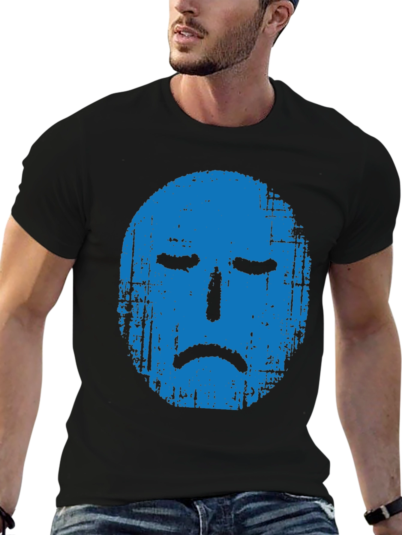 Blue Grunge Sad Face Graphic Black T-Shirt