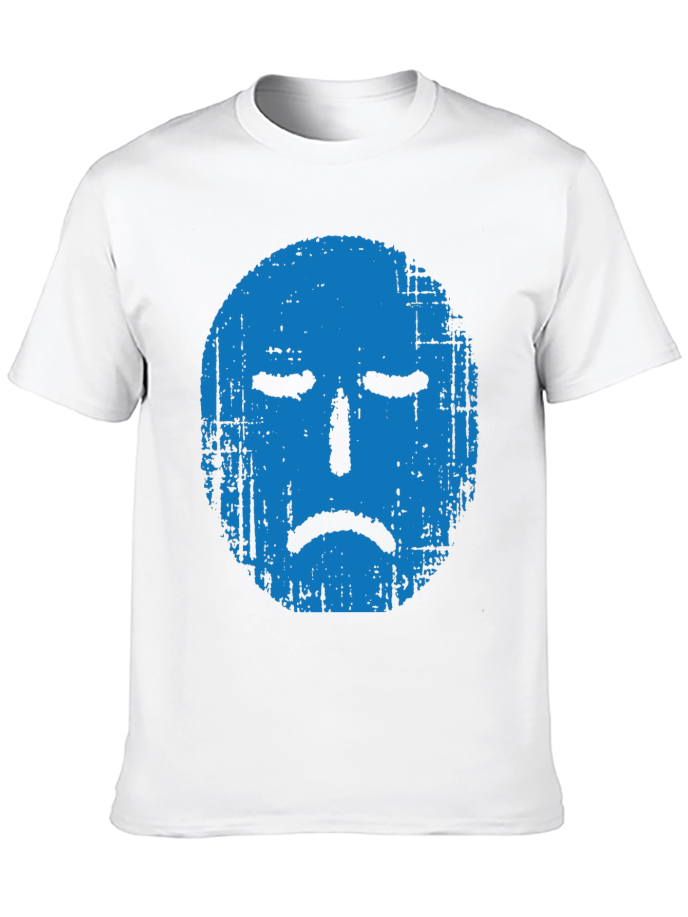 Blue Grunge Sad Face Graphic Black T-Shirt