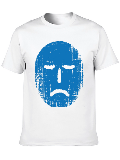 Blue Grunge Sad Face Graphic Black T-Shirt