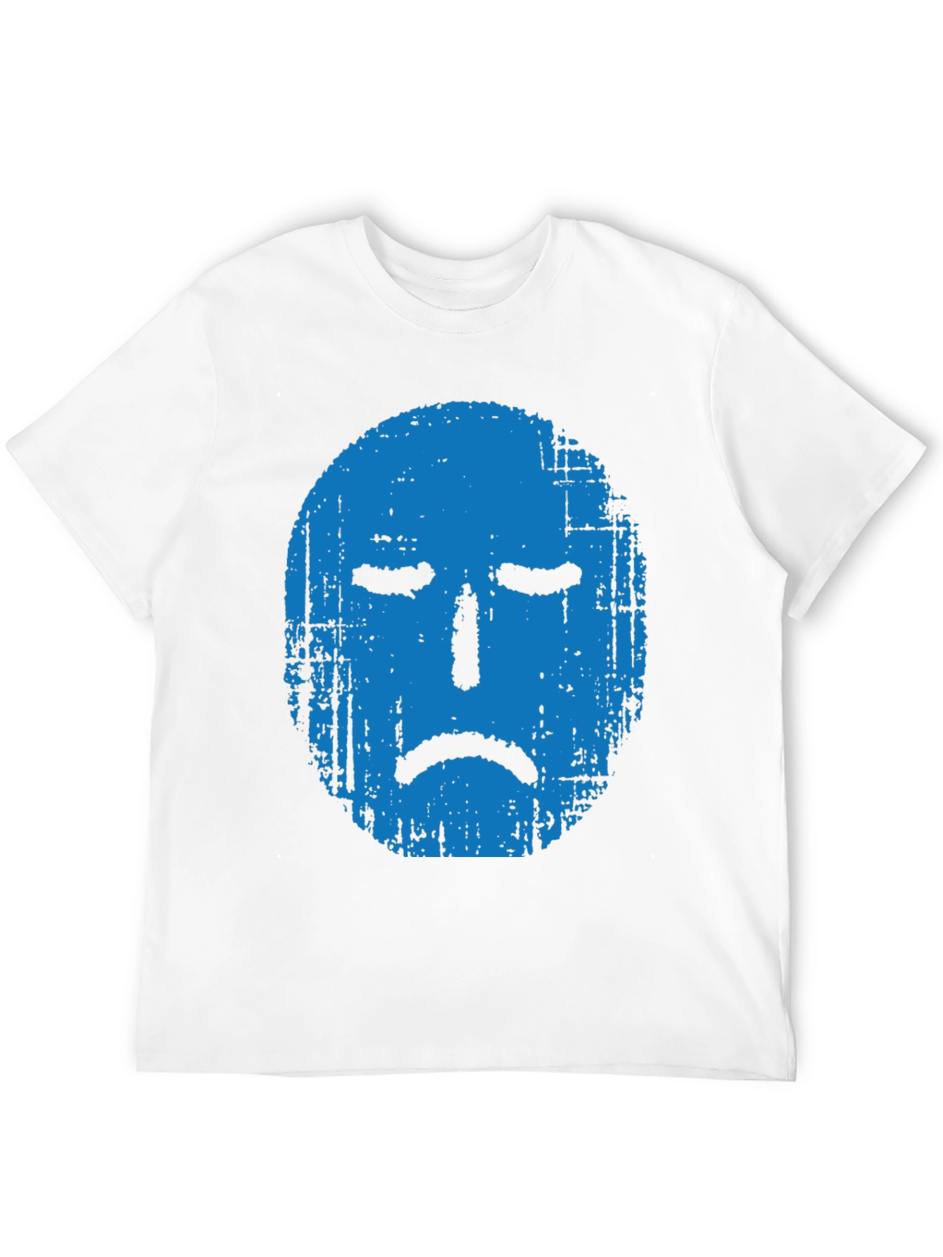 Blue Grunge Sad Face Graphic Black T-Shirt