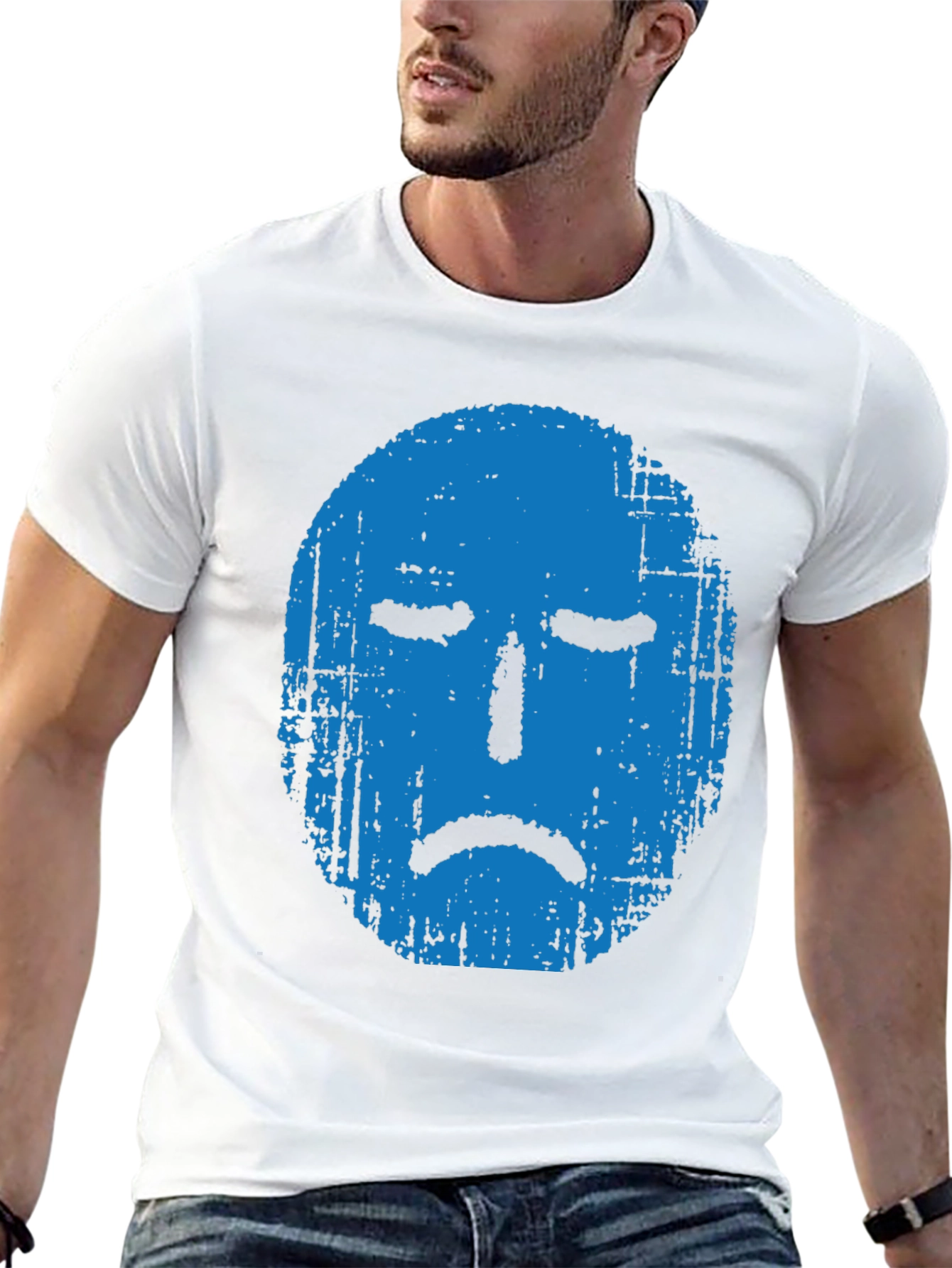 Blue Grunge Sad Face Graphic Black T-Shirt
