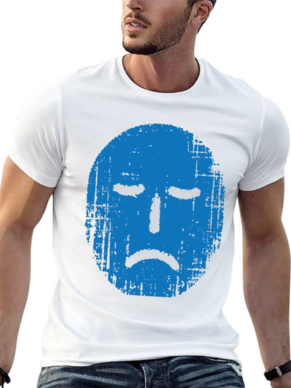 Blue Grunge Sad Face Graphic Black T-Shirt