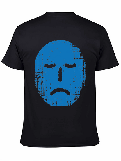Blue Grunge Sad Face Graphic Black T-Shirt