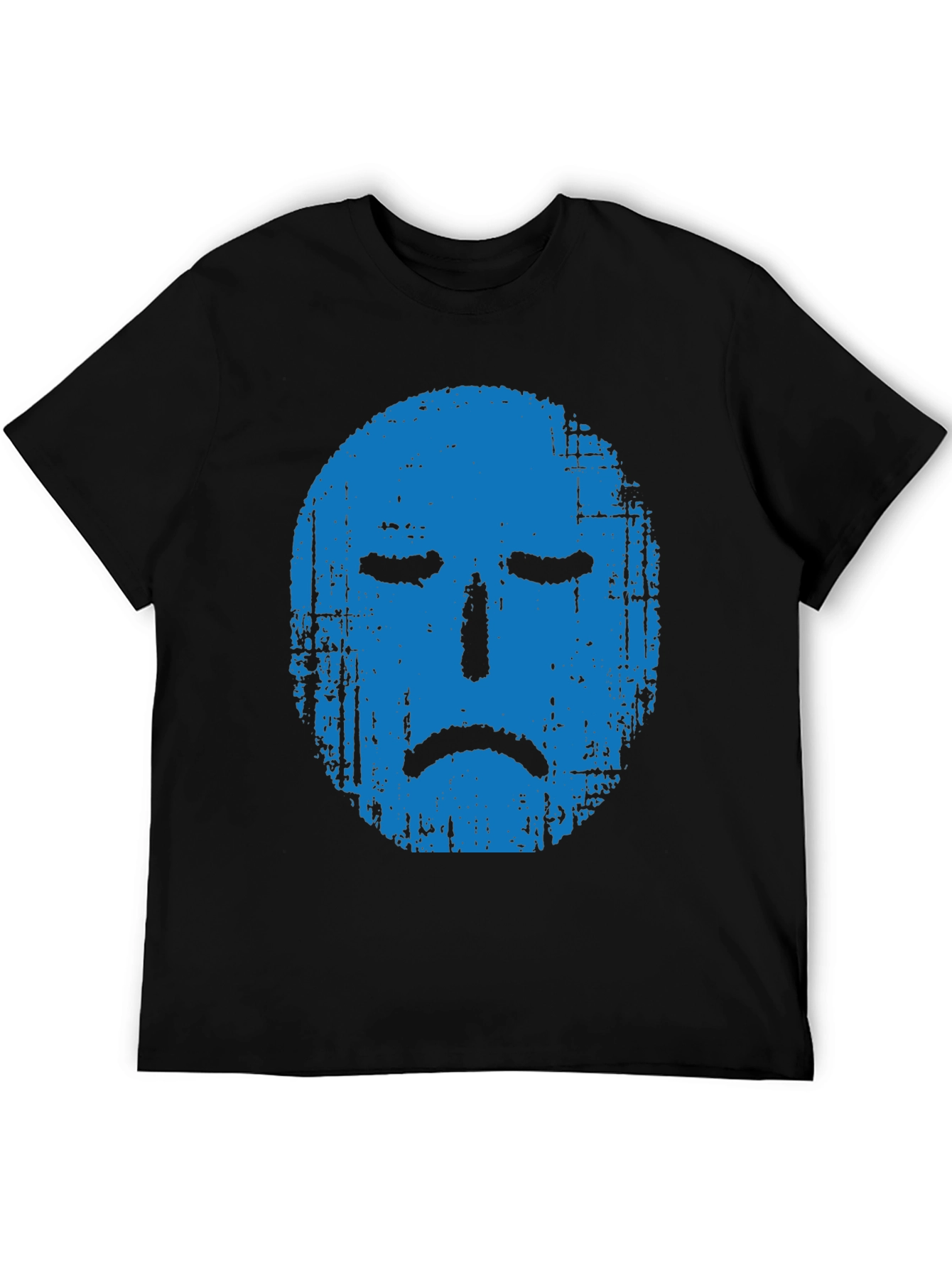 Blue Grunge Sad Face Graphic Black T-Shirt