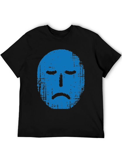 Blue Grunge Sad Face Graphic Black T-Shirt