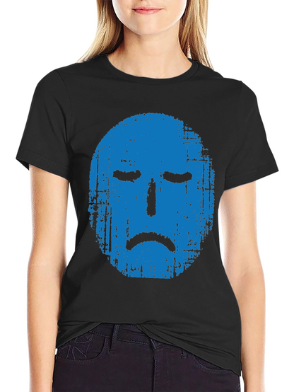 Blue Grunge Sad Face Graphic Black T-Shirt