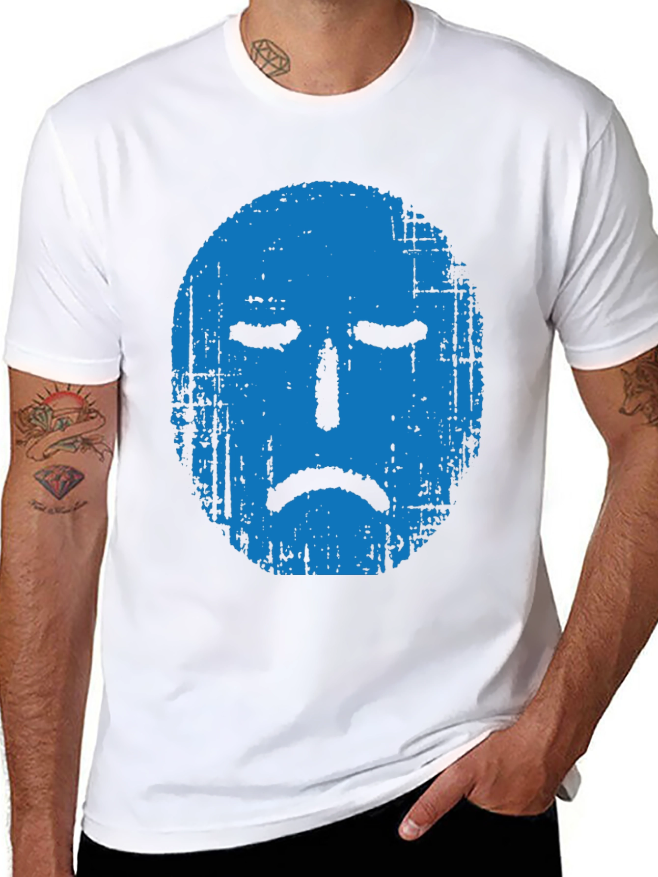 Blue Grunge Sad Face Graphic Black T-Shirt