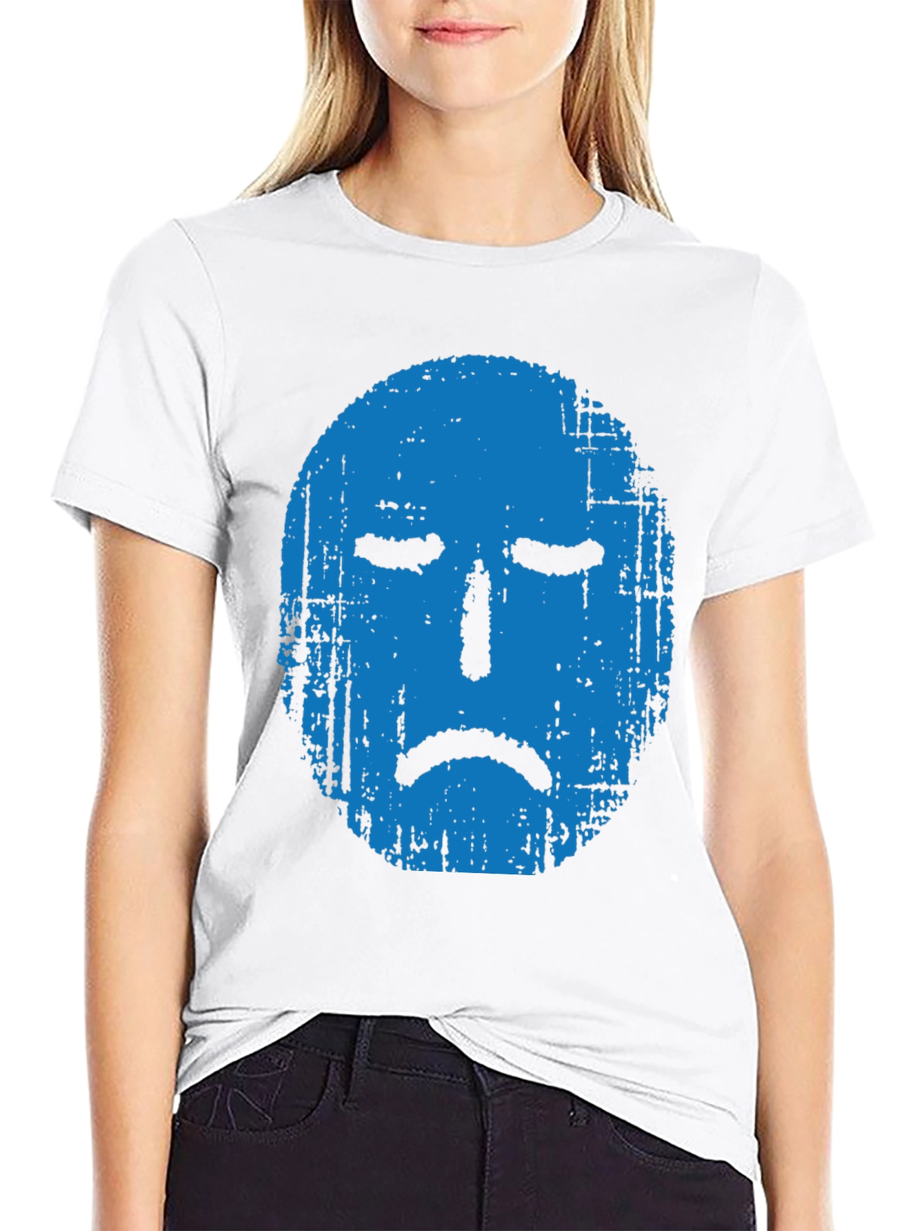 Blue Grunge Sad Face Graphic Black T-Shirt