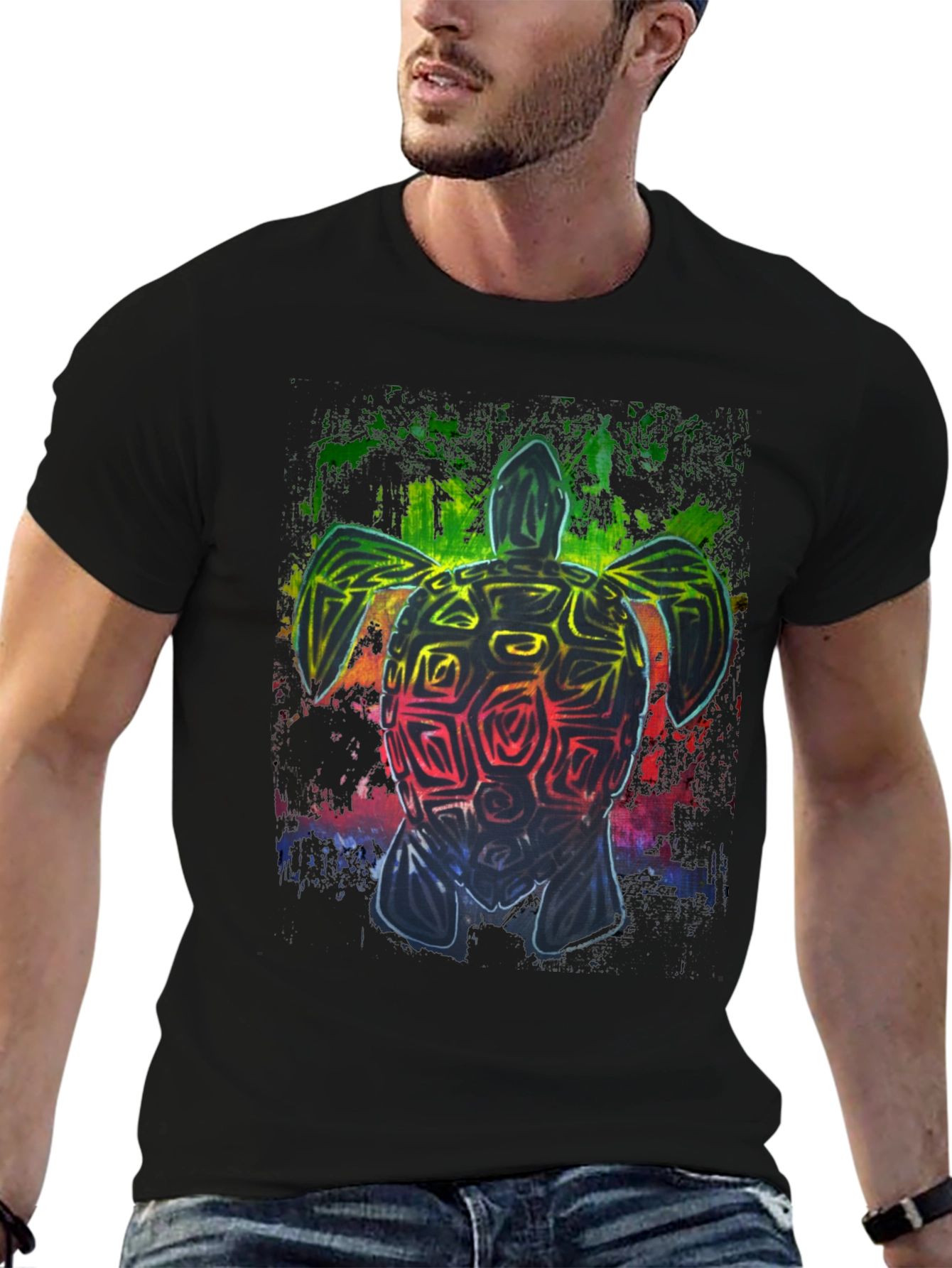 Rainbow Turtle Graphic Black T-Shirt