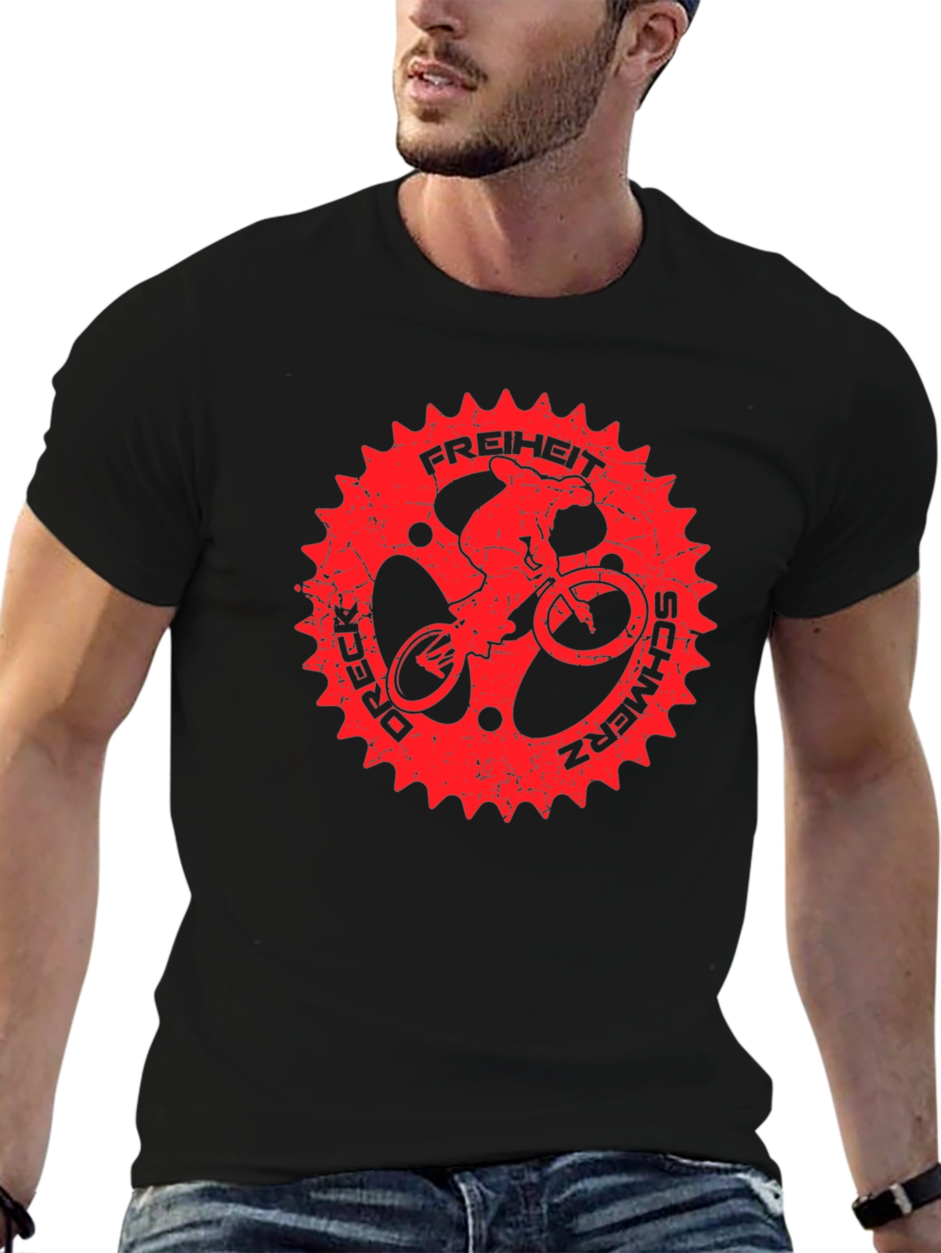 Black T-Shirt with Red Bike Sprocket Graphic