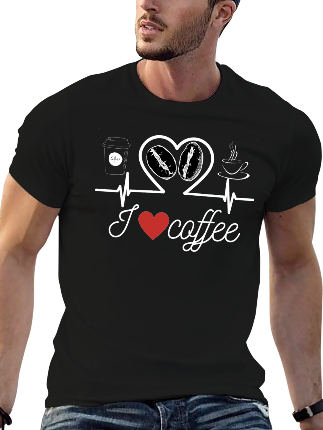 I Love Coffee T-Shirt Heartbeat Design Casual Cotton Tee