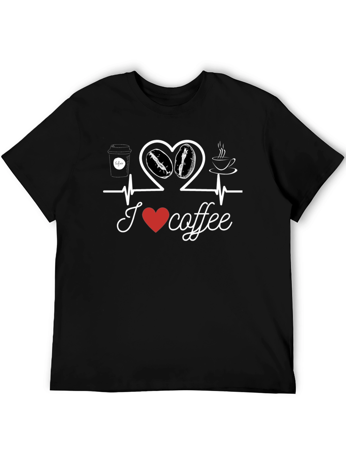 I Love Coffee T-Shirt Heartbeat Design Casual Cotton Tee