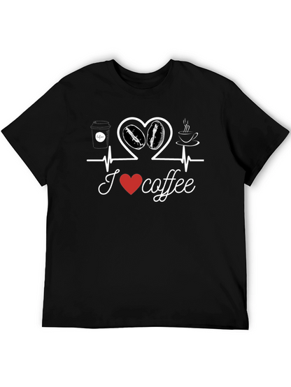 I Love Coffee T-Shirt Heartbeat Design Casual Cotton Tee