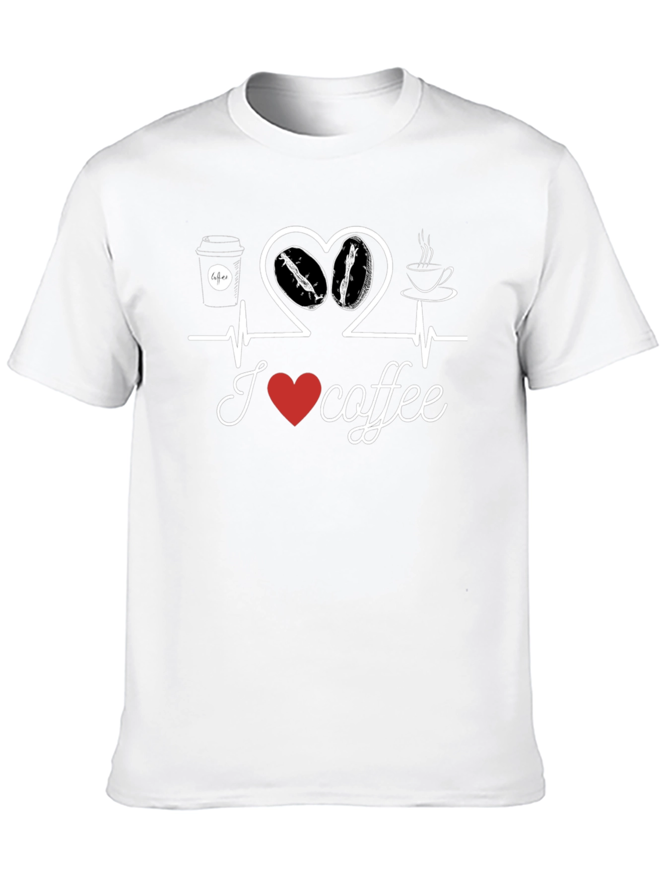 I Love Coffee T-Shirt Heartbeat Design Casual Cotton Tee