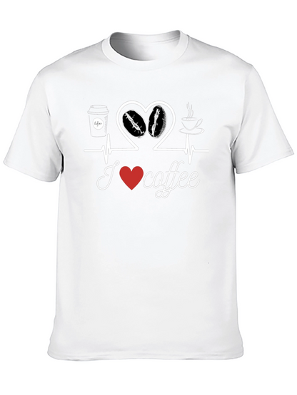 I Love Coffee T-Shirt Heartbeat Design Casual Cotton Tee