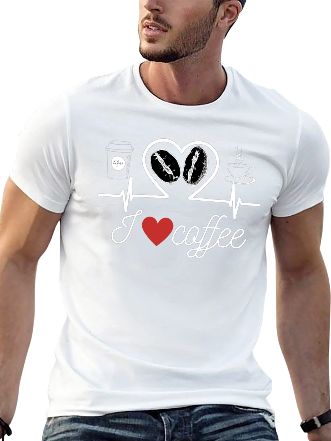 I Love Coffee T-Shirt Heartbeat Design Casual Cotton Tee