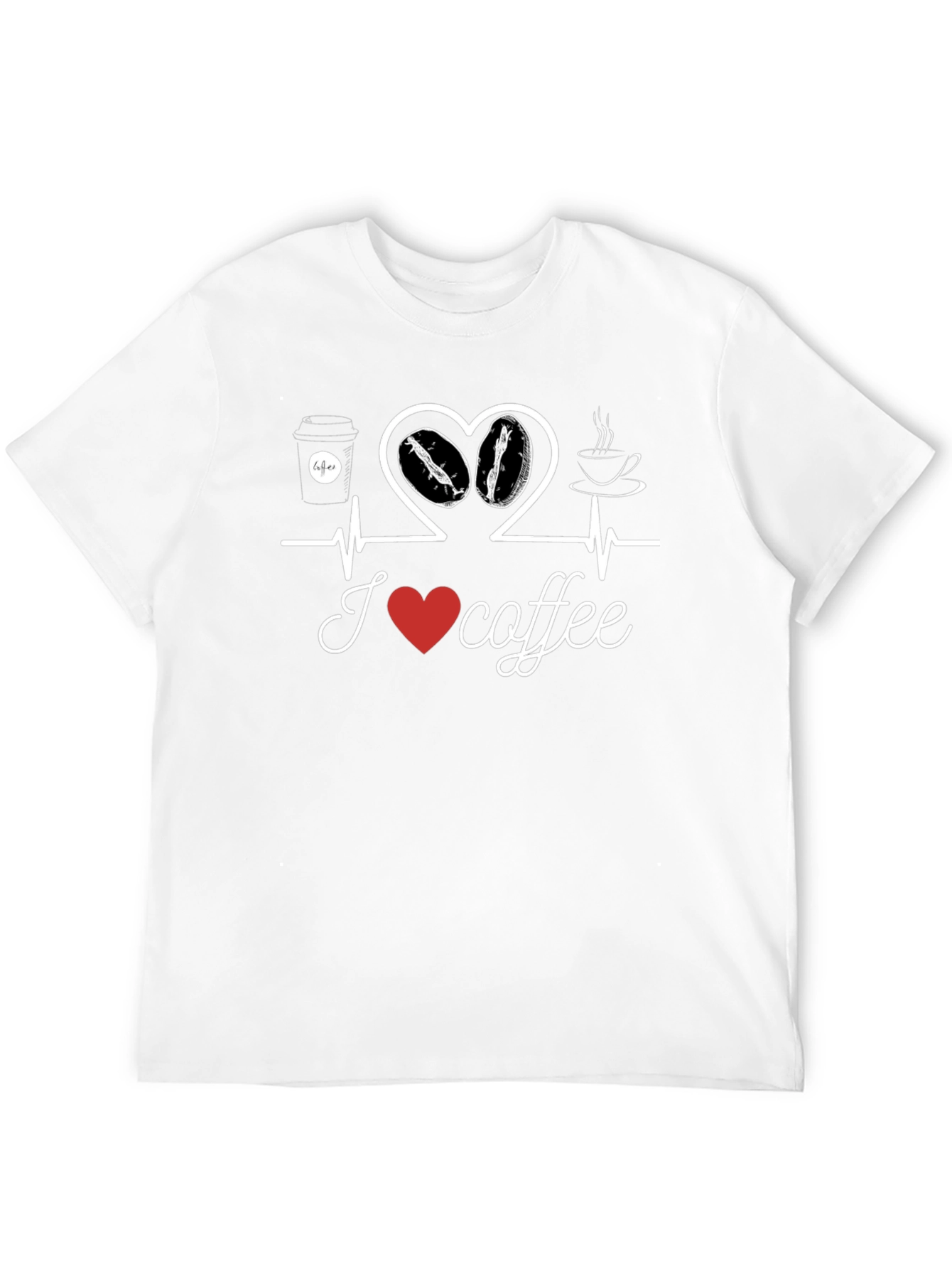 I Love Coffee T-Shirt Heartbeat Design Casual Cotton Tee