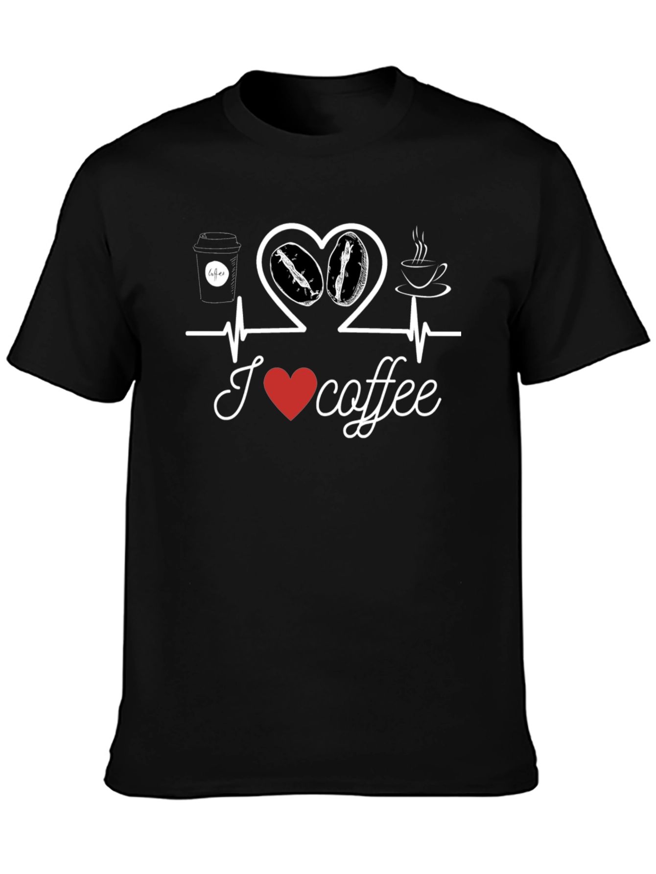 I Love Coffee T-Shirt Heartbeat Design Casual Cotton Tee