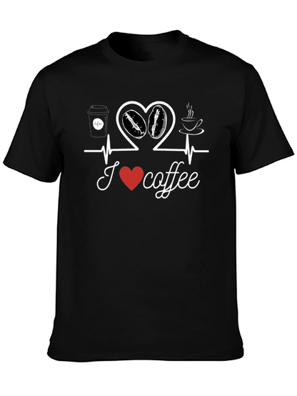 I Love Coffee T-Shirt Heartbeat Design Casual Cotton Tee