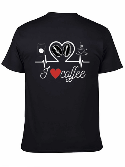 I Love Coffee T-Shirt Heartbeat Design Casual Cotton Tee