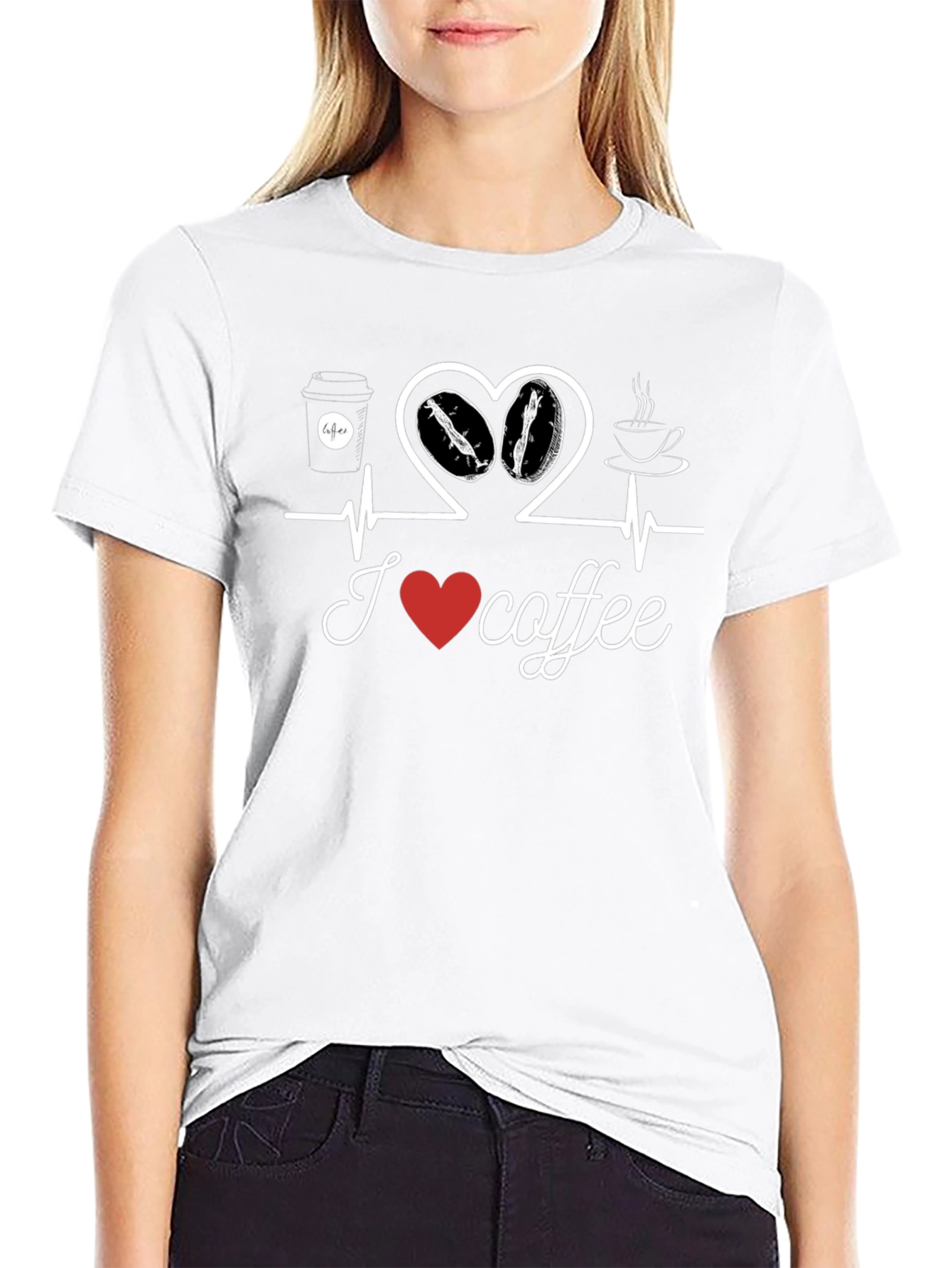 I Love Coffee T-Shirt Heartbeat Design Casual Cotton Tee