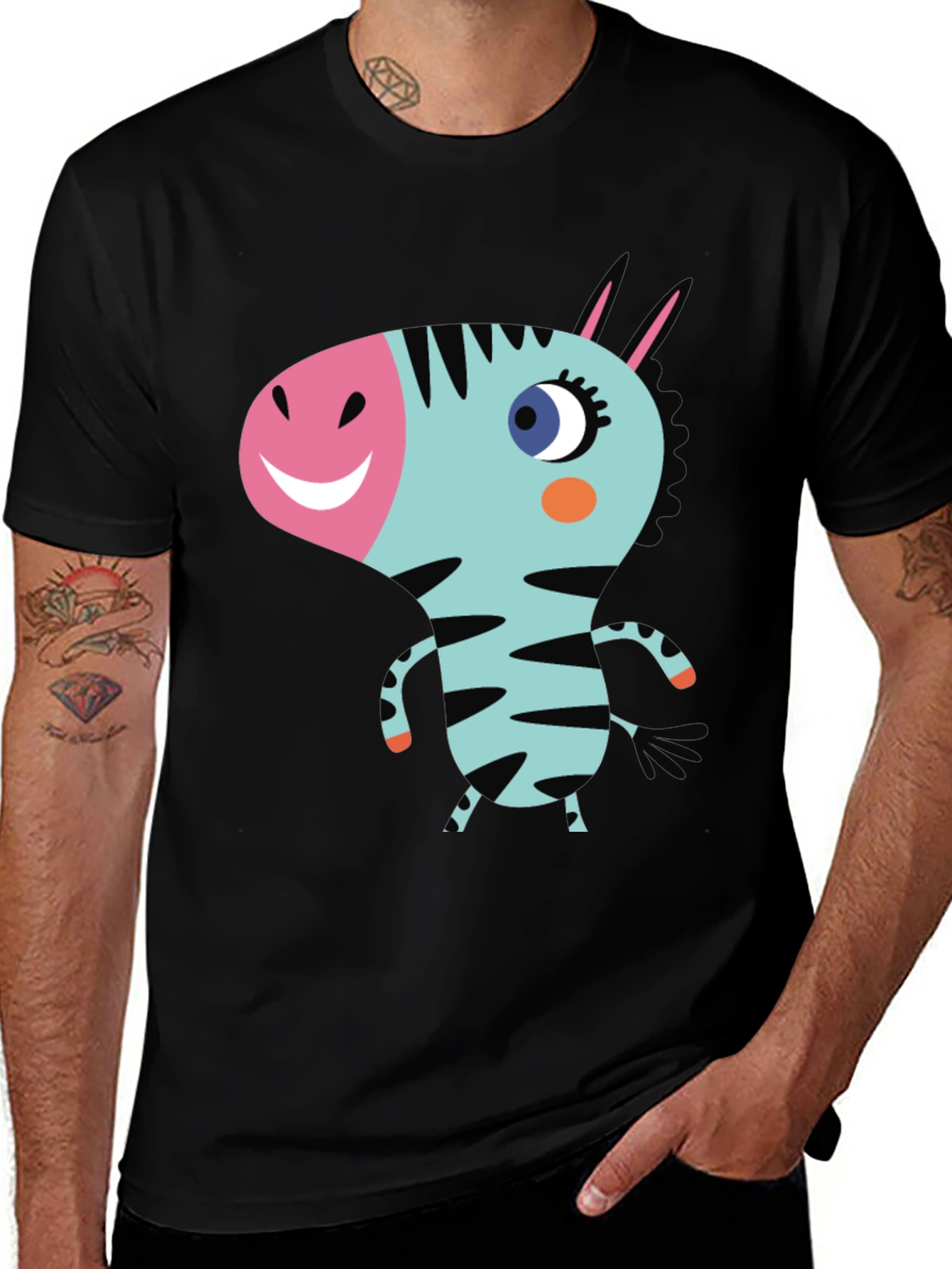 Cartoon Zebra Graphic Black T-Shirt