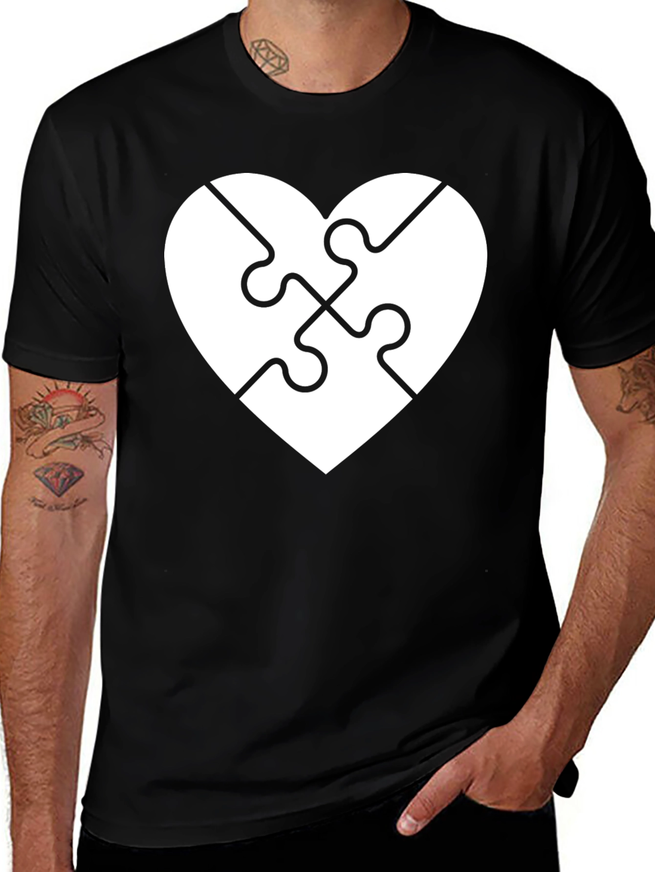 Heart Puzzle Piece Graphic Tee - Black Cotton